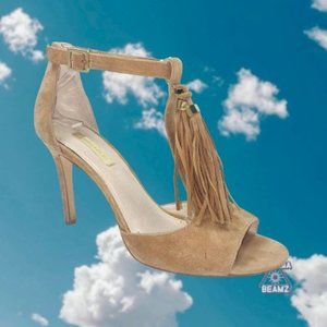 Louise et Cie Tan Suede LO-TAGE Fringe Stiletto Peep Toe Sandals 8.5